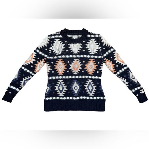 L.L. Bean Signature Navy Orange White Knit Southwestern Sweater Womens Large - Picture 2 of 12